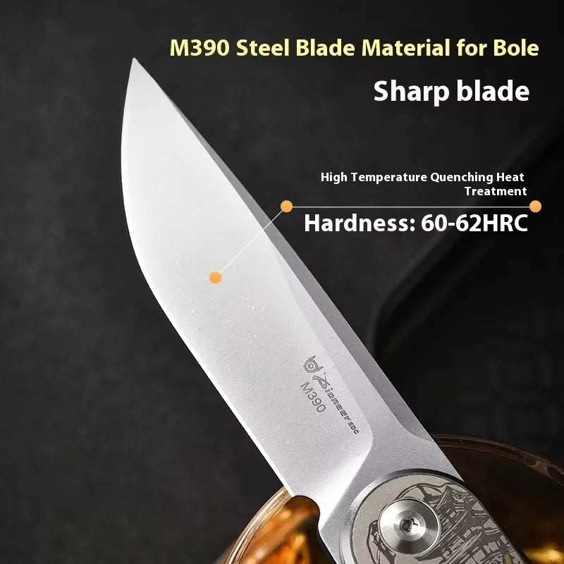 PioneerEDC Gr5 + M390 Titanium Alloy EDC Folding Utility Knife High Hardness Portable Tactical Camping Knife 3-Year Warranty