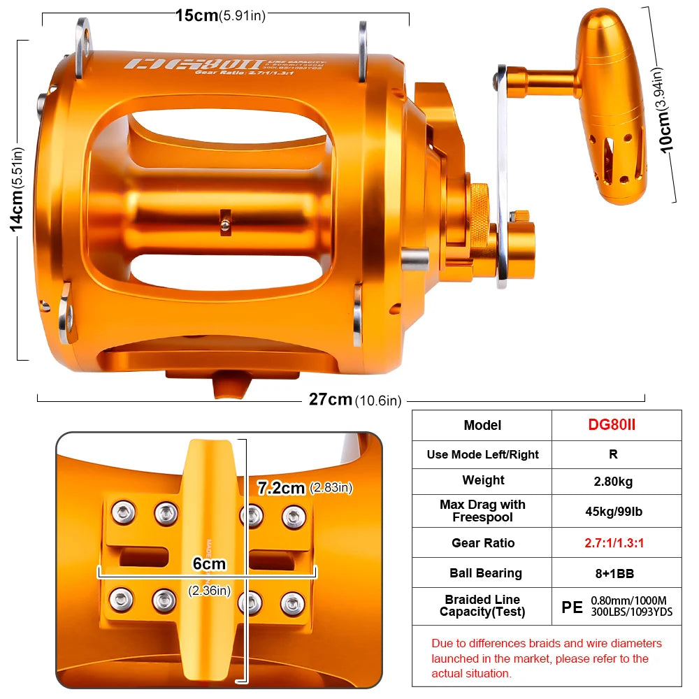 Two-Speed Jigging Fishing Reels 80W Boat Max Drag 45Kg Saltwater Ocean Tuna Full Metal Big Game Trolling Fishing Reel DG80II