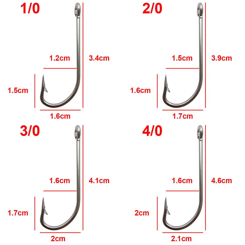 Stainless steel hooks for fishing, large hooks, extra long, white hooks, size 1/0-10/0, 40PCs