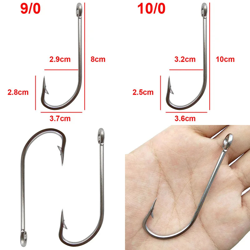 Stainless steel hooks for fishing, large hooks, extra long, white hooks, size 1/0-10/0, 40PCs