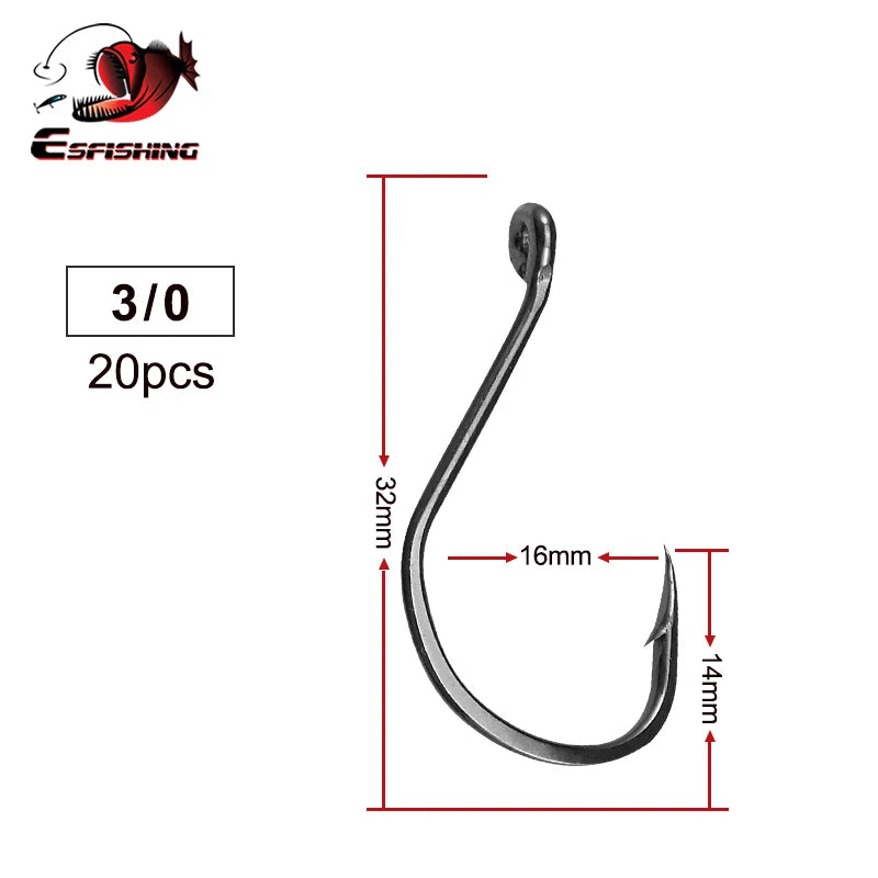 ES Fishing Hook High Carbon Steel Hooks 20PCS 1/0 2/0 3/0 4/0