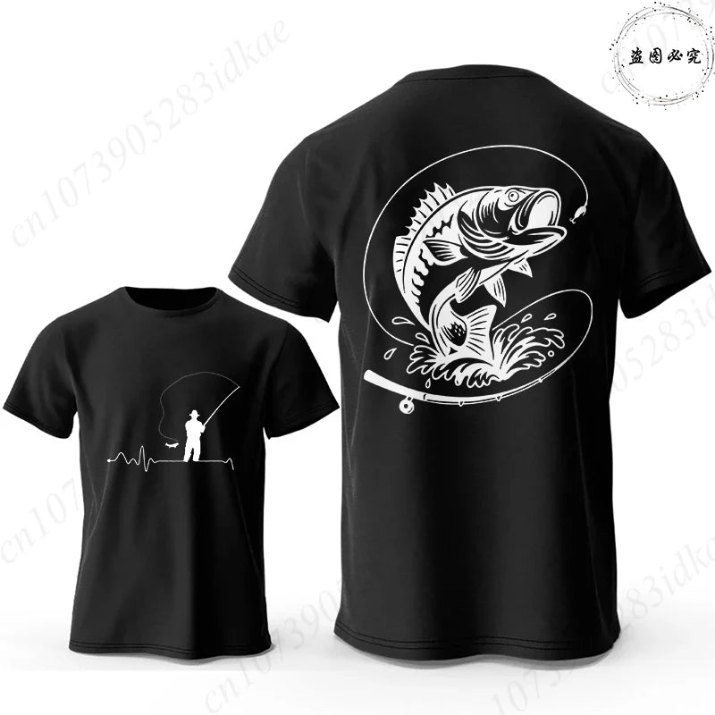 Fishing Lover T-Shirts for Men Fisherman Heartbeat Bass Fish Print Graphic Tops Casual Short Sleeve Tees Oversized Male Clothing