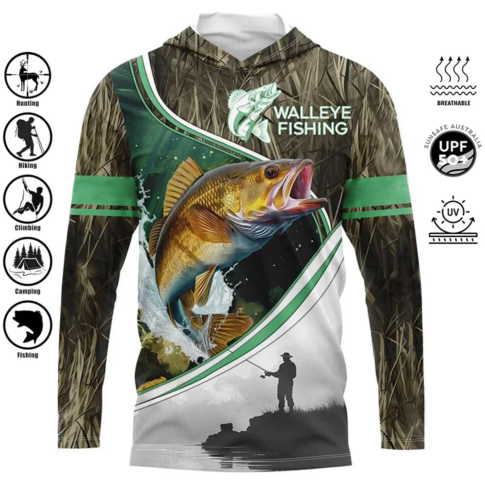 Fishing Shirts Hooded Shirt Uv Protection Man Outdoor Fashion Print Moisture Wicking Fishing Apparel Tops