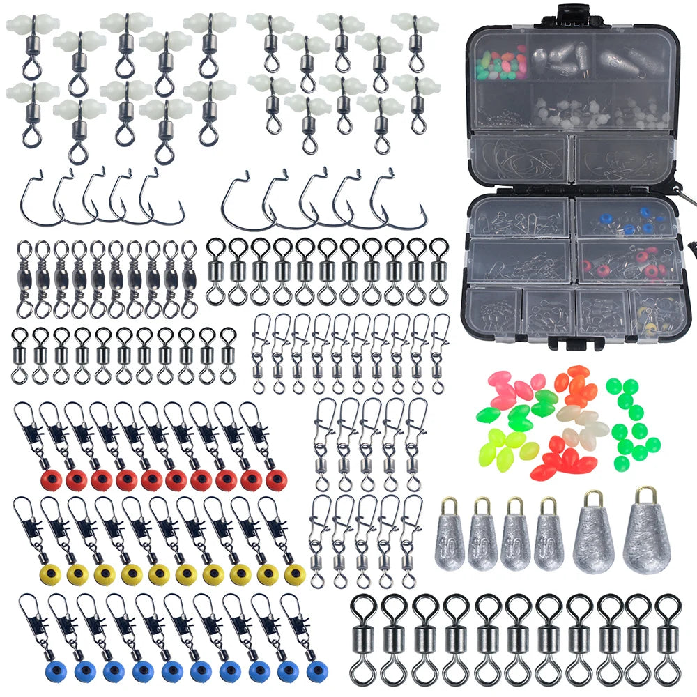 Fishing Accessories Kit Crank Hooks Sinker Weights Swivels Snaps Connectors Beads Fishing Tackle Box Set Fishing Swivels