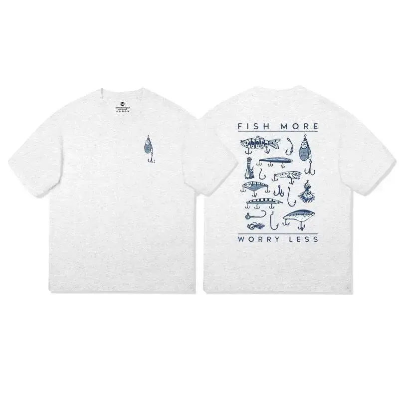 Fishing Lure Print with Blue Graphic Design Fish More Worry Less White Black Maroon T Shirt Unisex Cotton Casual Outdoor Outfit
