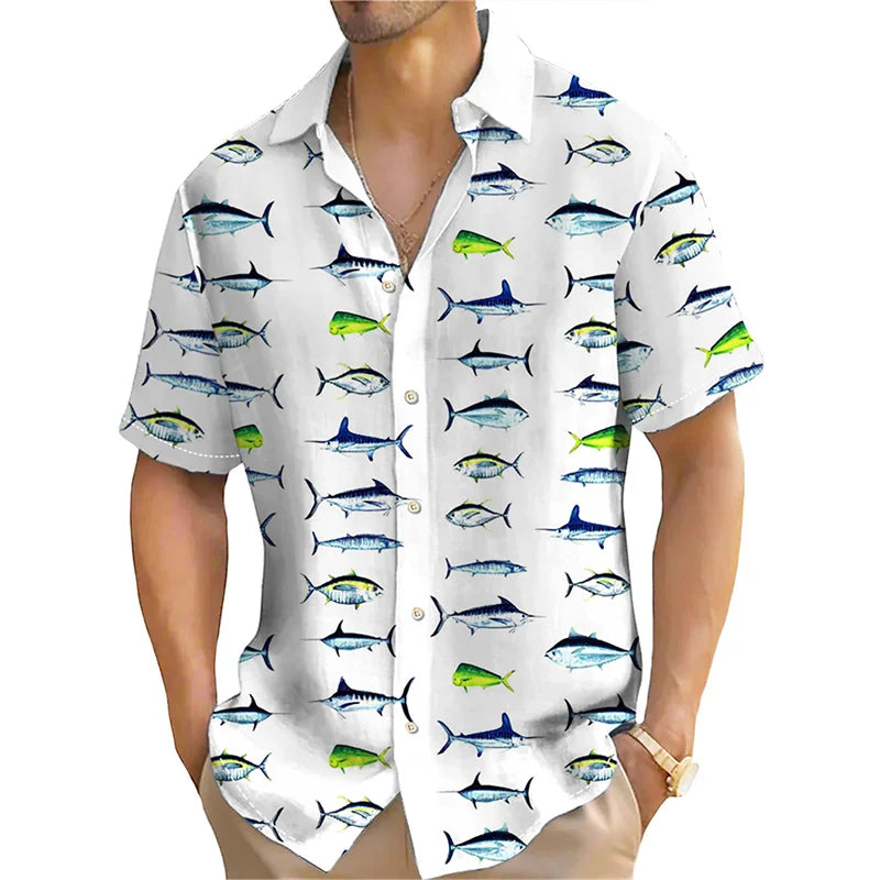 Men's Funny Tuna Print Button-Down Shirt — Loose Fit Summer Top