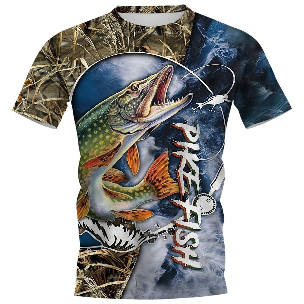 New Fishing T-Shirt Men Tshirt Fish Graphic Clothing O-Collar Oversized Tops Outdoor Sport Apparel Summer for Male Tee Shirts