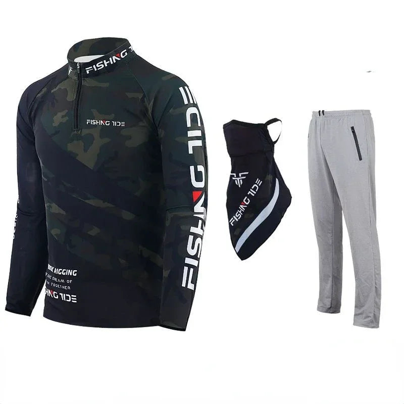 Quick Drying Breathable Long Sleeve Fishing Suit, Sun Protection, Shirt and Pants, Scarf, Outdoor, New, 3Pcs Set
