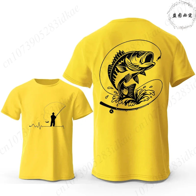 Fishing Lover T-Shirts for Men Fisherman Heartbeat Bass Fish Print Graphic Tops Casual Short Sleeve Tees Oversized Male Clothing