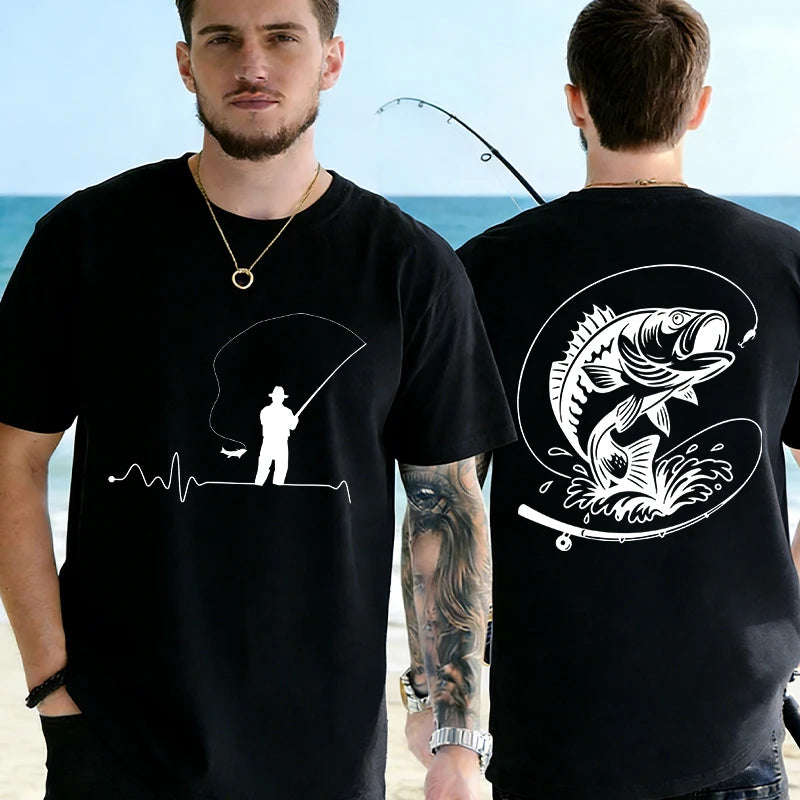 Fishing Lover T-Shirts for Men Fisherman Heartbeat Bass Fish Print Graphic Tops Casual Short Sleeve Tees Oversized Male Clothing