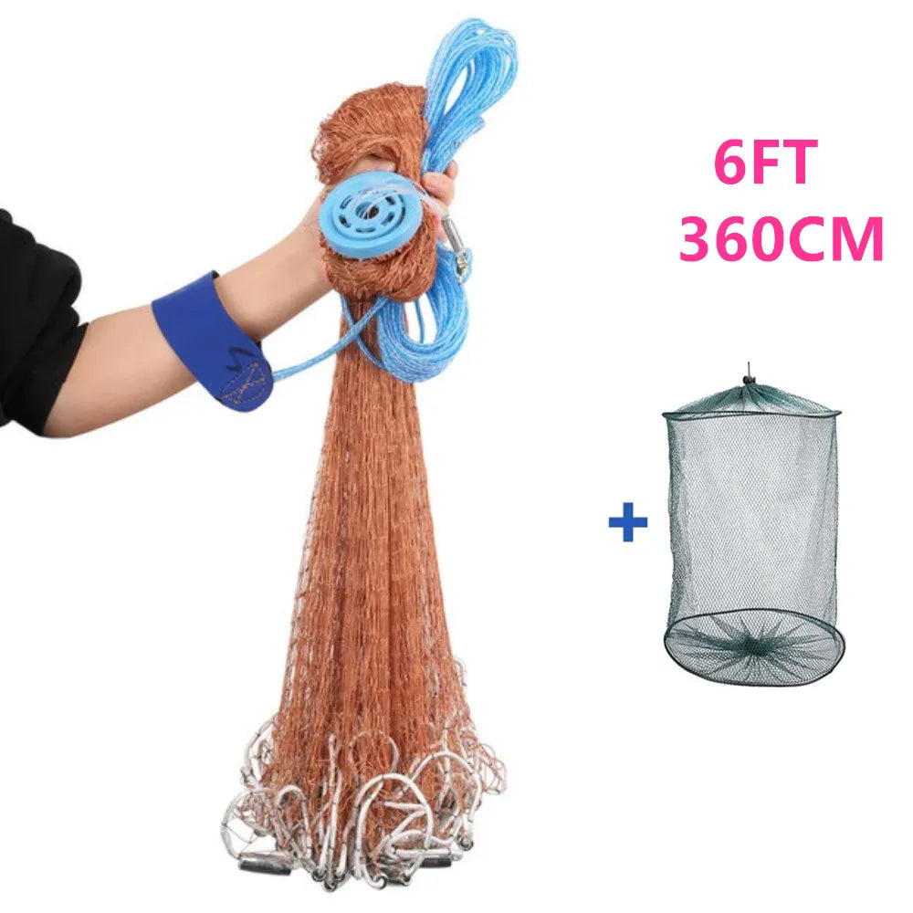 Saltwater Fishing Cast Net for Bait Trap 3ft/4ft/5ft/6ft/7ft/8ft/9ft/10ft Radius with Heavy Duty Real Zinc Sinker Weights