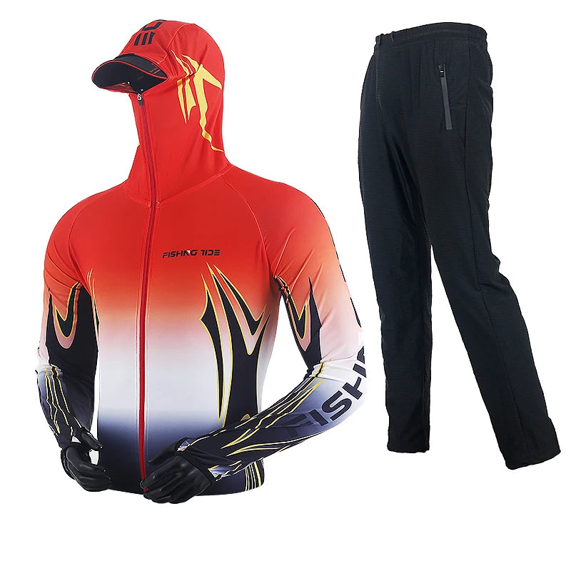Men's High Quality Fishing Suit Summer Sun Protection Breathable Ice Silk Quick Dry Fishing Hoodie & Pants 2 Piece Set