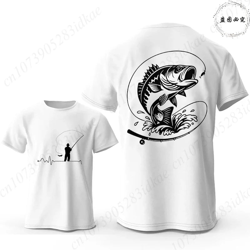 Fishing Lover T-Shirts for Men Fisherman Heartbeat Bass Fish Print Graphic Tops Casual Short Sleeve Tees Oversized Male Clothing