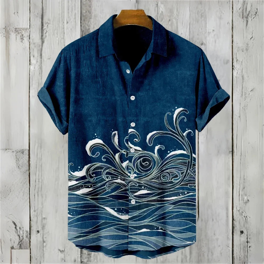 Men's Shirt Vintage Fish Japanese Art Linen Blend Comfortable Casual Breathable Hawaiian Shirt Lapel Short Sleeve Shirt