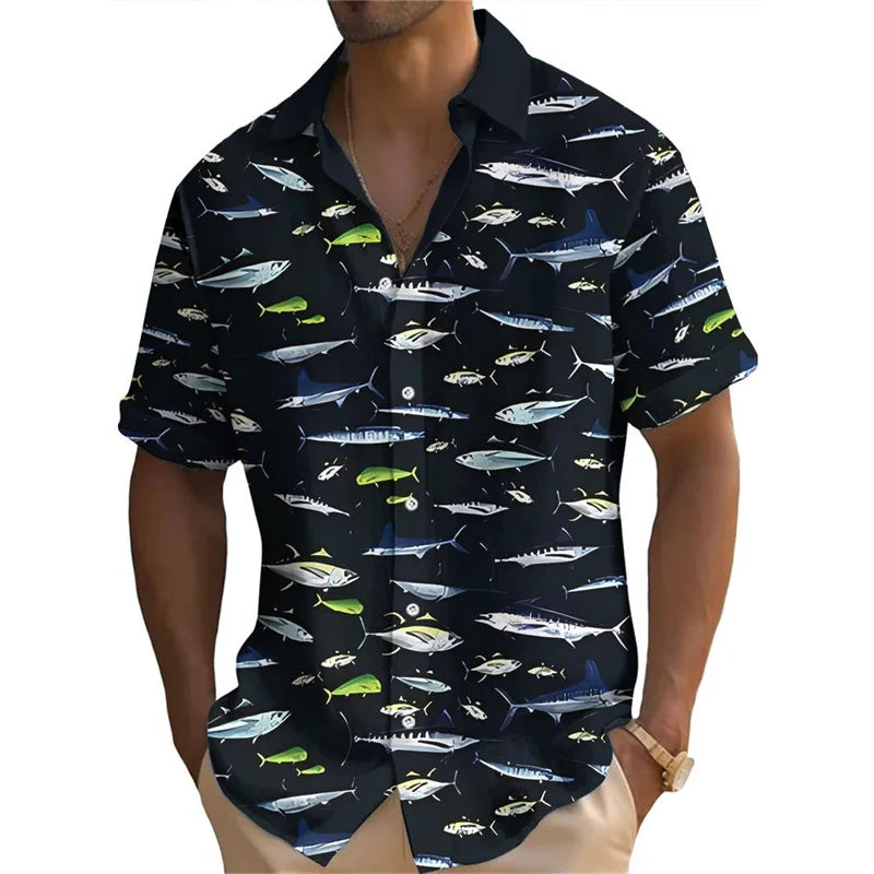 Men's Funny Tuna Print Button-Down Shirt — Loose Fit Summer Top
