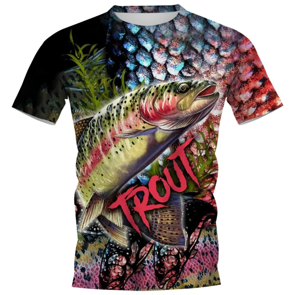 New Fishing T-Shirt Men Tshirt Fish Graphic Clothing O-Collar Oversized Tops Outdoor Sport Apparel Summer for Male Tee Shirts