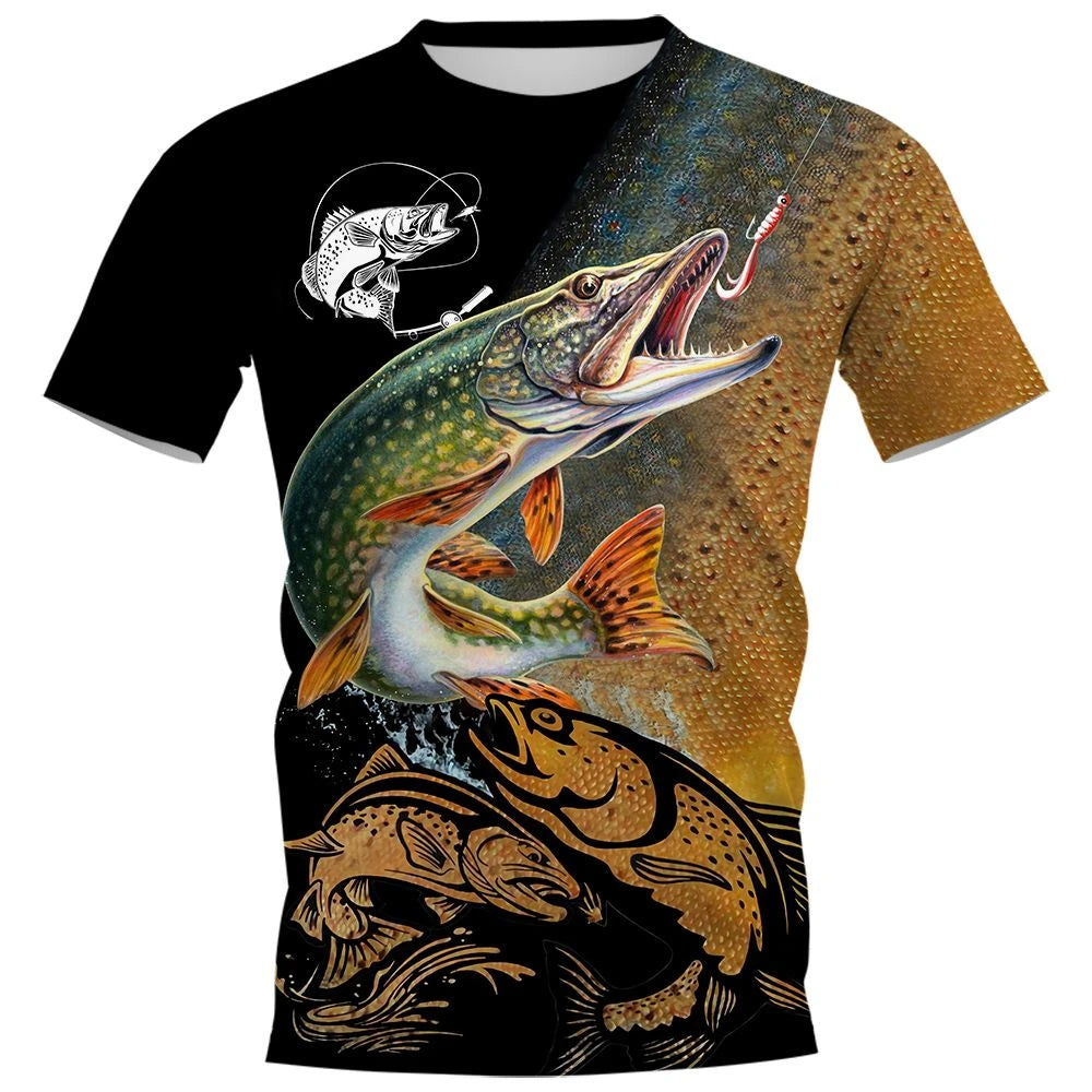 New Fishing T-Shirt Men Tshirt Fish Graphic Clothing O-Collar Oversized Tops Outdoor Sport Apparel Summer for Male Tee Shirts
