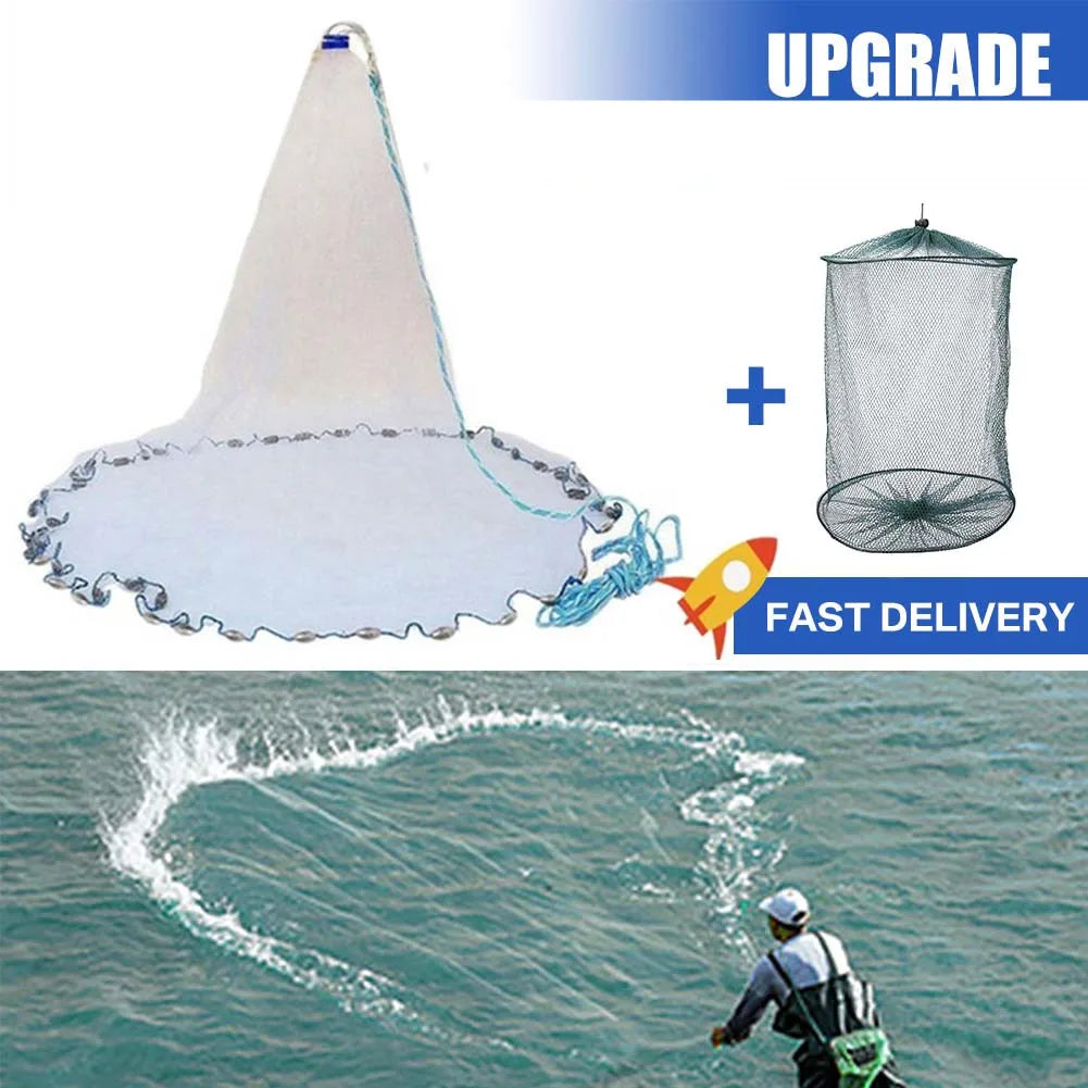 Saltwater Fishing Cast Net for Bait Trap 3ft/4ft/5ft/6ft/7ft/8ft/9ft/10ft Radius with Heavy Duty Real Zinc Sinker Weights