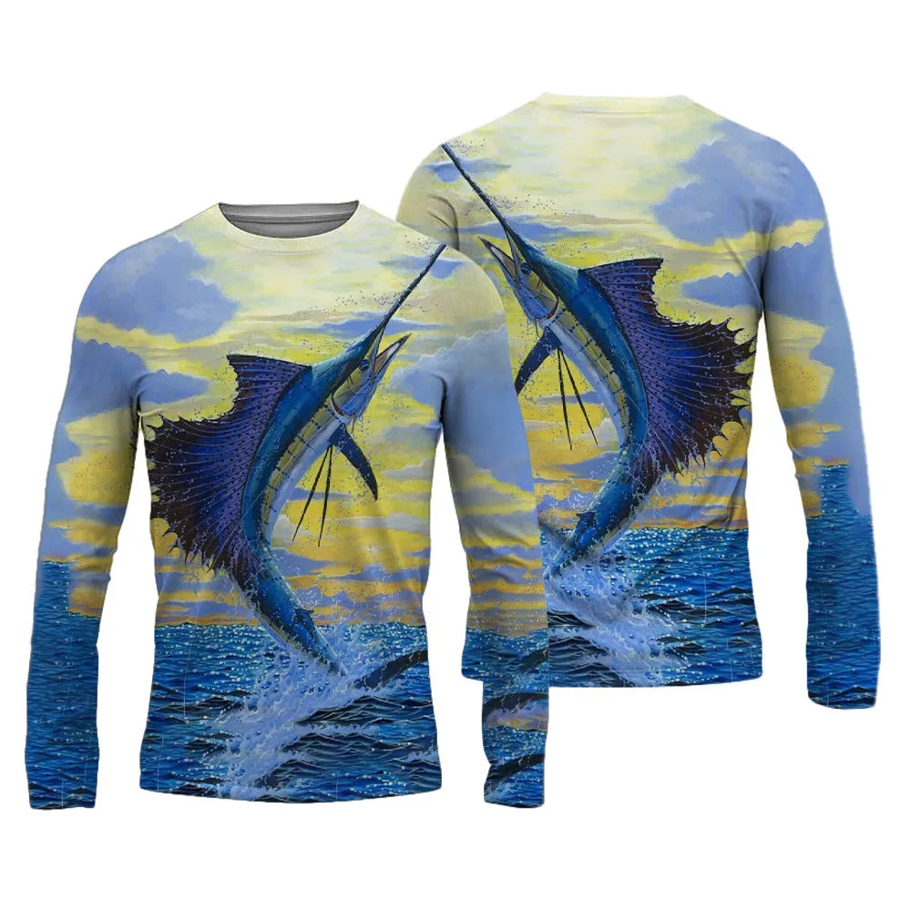 Men's Fishing Shirts 3D Pinting Fishing Apparel Breathable T-Shirt Long Sleeve Summer Outdoor Sports Crewneck Fishing Shirts