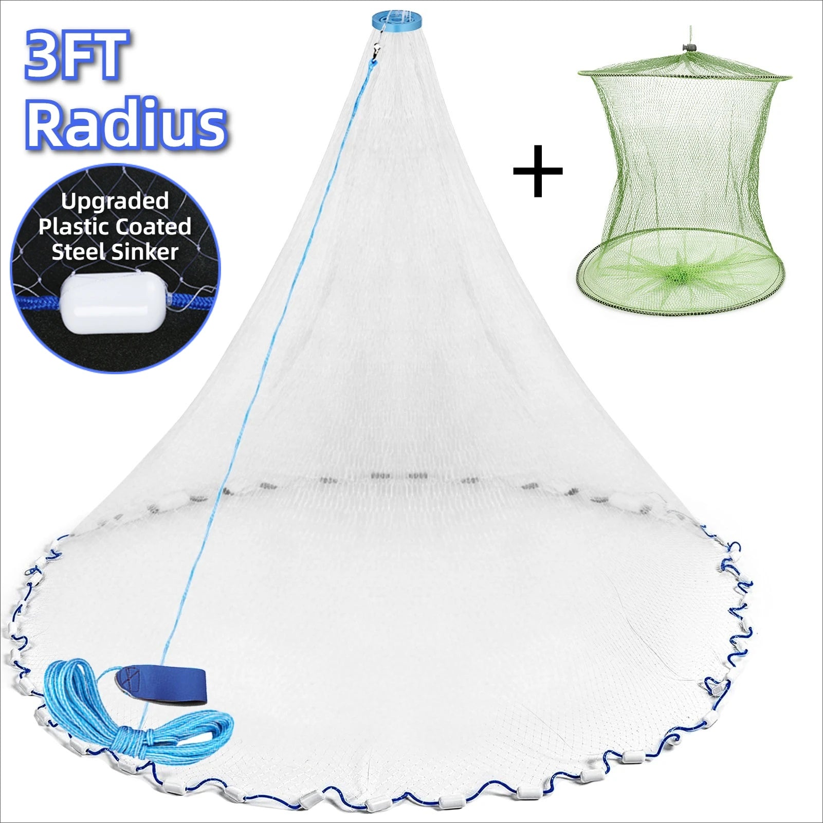 American Saltwater Fishing Cast Net for Bait Trap Fish 3/4/5/6/7/8/9/10ft Radius Casting Nets