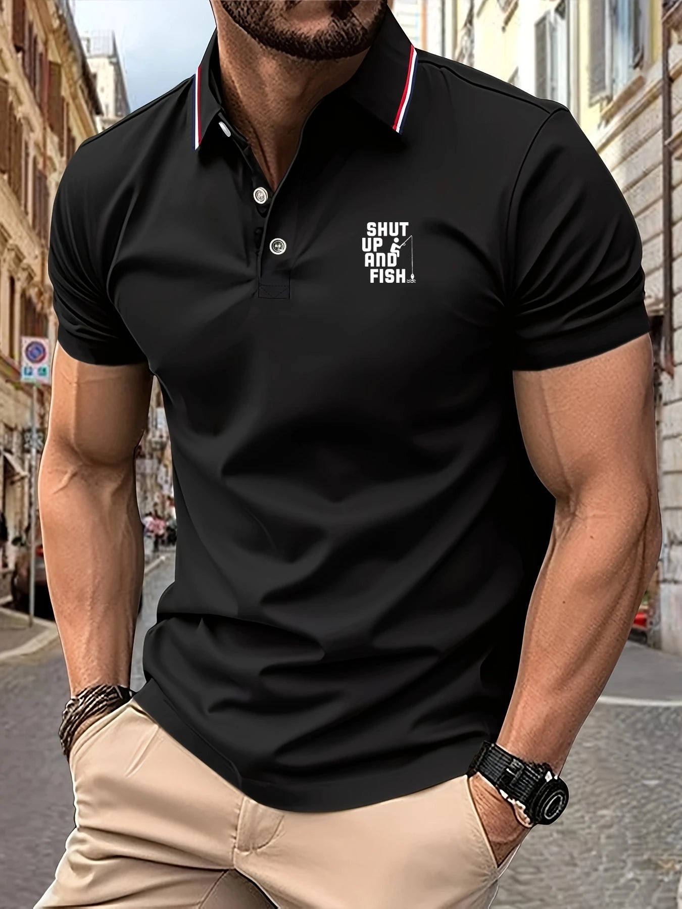 Short Sleeve Polo Tee Fishing Pattern Printing Summer Lapel Stripes Mens Polo Shirts Casual Breathable Light Luxury T-Shirt