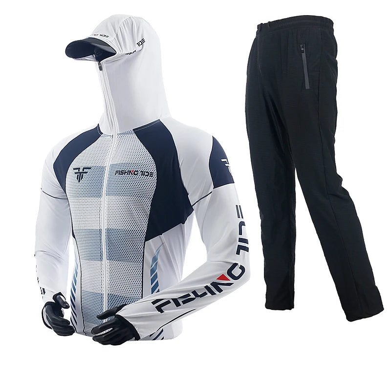 Men's High Quality Fishing Suit Summer Sun Protection Breathable Ice Silk Quick Dry Fishing Hoodie & Pants 2 Piece Set