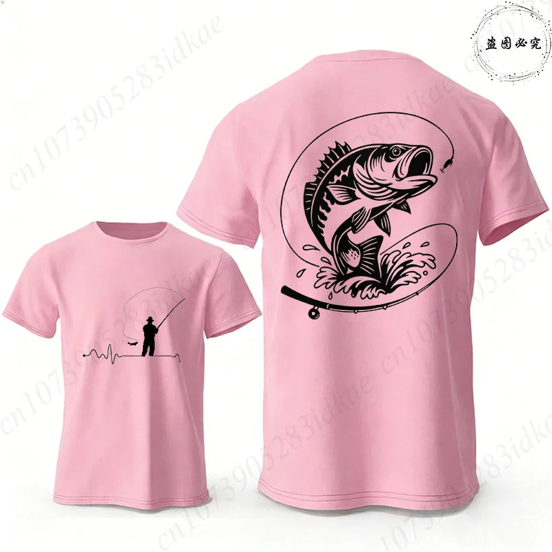 Fishing Lover T-Shirts for Men Fisherman Heartbeat Bass Fish Print Graphic Tops Casual Short Sleeve Tees Oversized Male Clothing