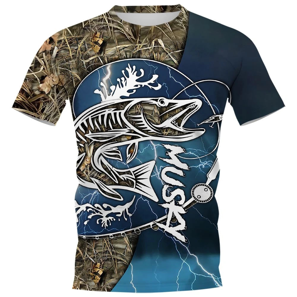 New Fishing T-Shirt Men Tshirt Fish Graphic Clothing O-Collar Oversized Tops Outdoor Sport Apparel Summer for Male Tee Shirts