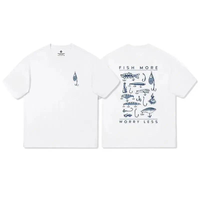 Fishing Lure Print with Blue Graphic Design Fish More Worry Less White Black Maroon T Shirt Unisex Cotton Casual Outdoor Outfit
