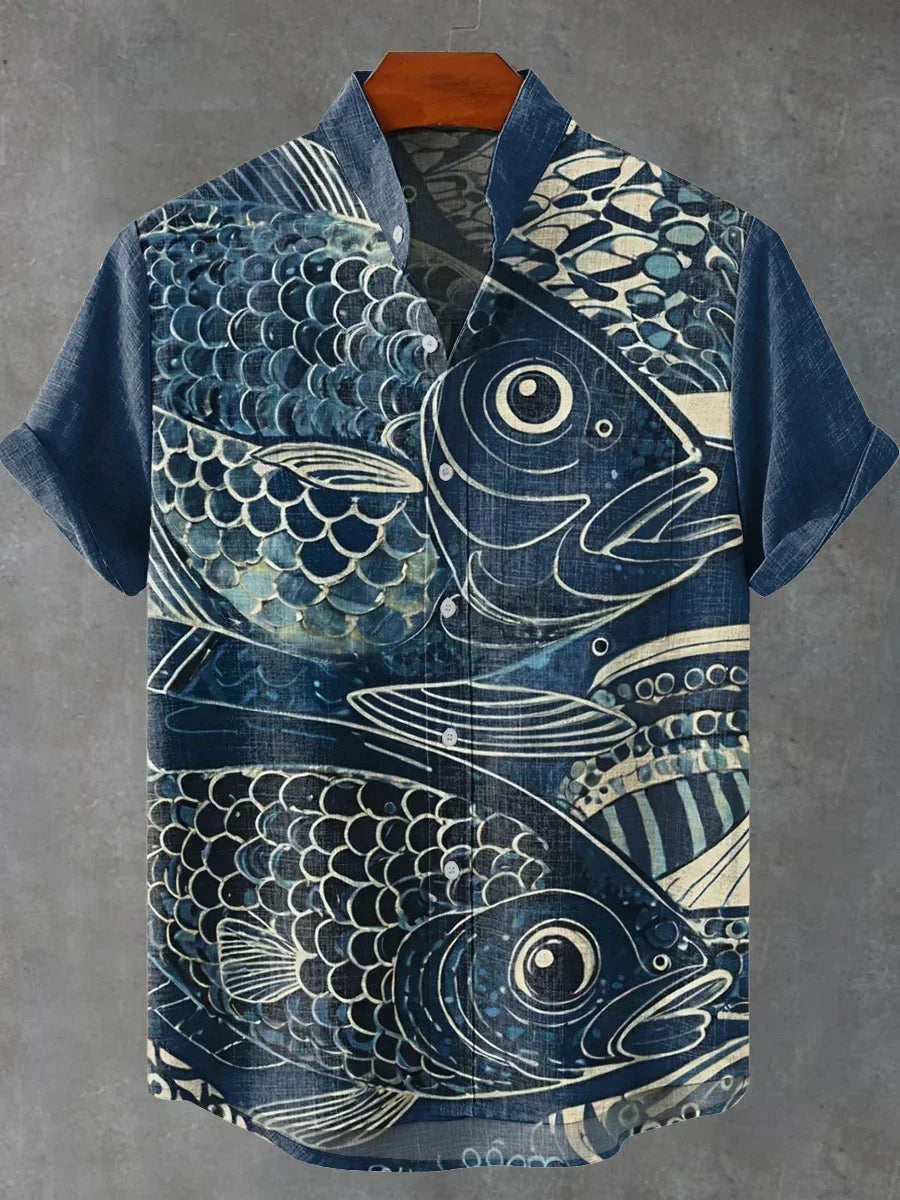 Men's Shirt Vintage Fish Japanese Art Linen Blend Comfortable Casual Breathable Hawaiian Shirt Lapel Short Sleeve Shirt