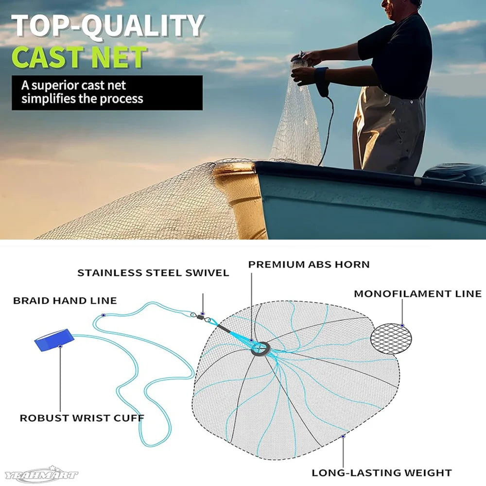 American Saltwater Fishing Cast Net for Bait Trap Fish 3/4/5/6/7/8/9/10ft Radius Casting Nets