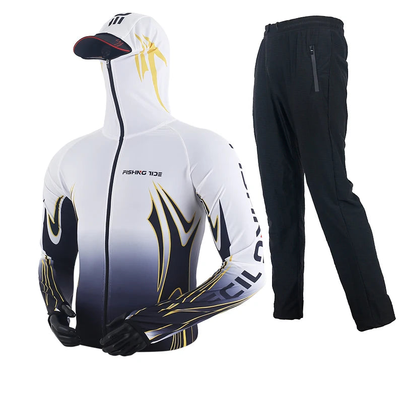 Men's High Quality Fishing Suit Summer Sun Protection Breathable Ice Silk Quick Dry Fishing Hoodie & Pants 2 Piece Set