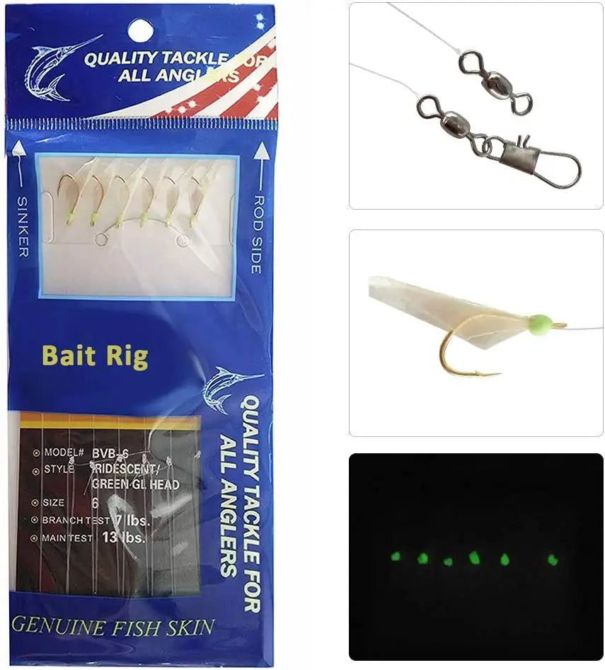 10/20/30 Packs Real Fish Skin Rigs Luminous Fishing Bait Rigs Freshwater Saltwater Glow in Dark with Swivel Hooks Size 4 6 8