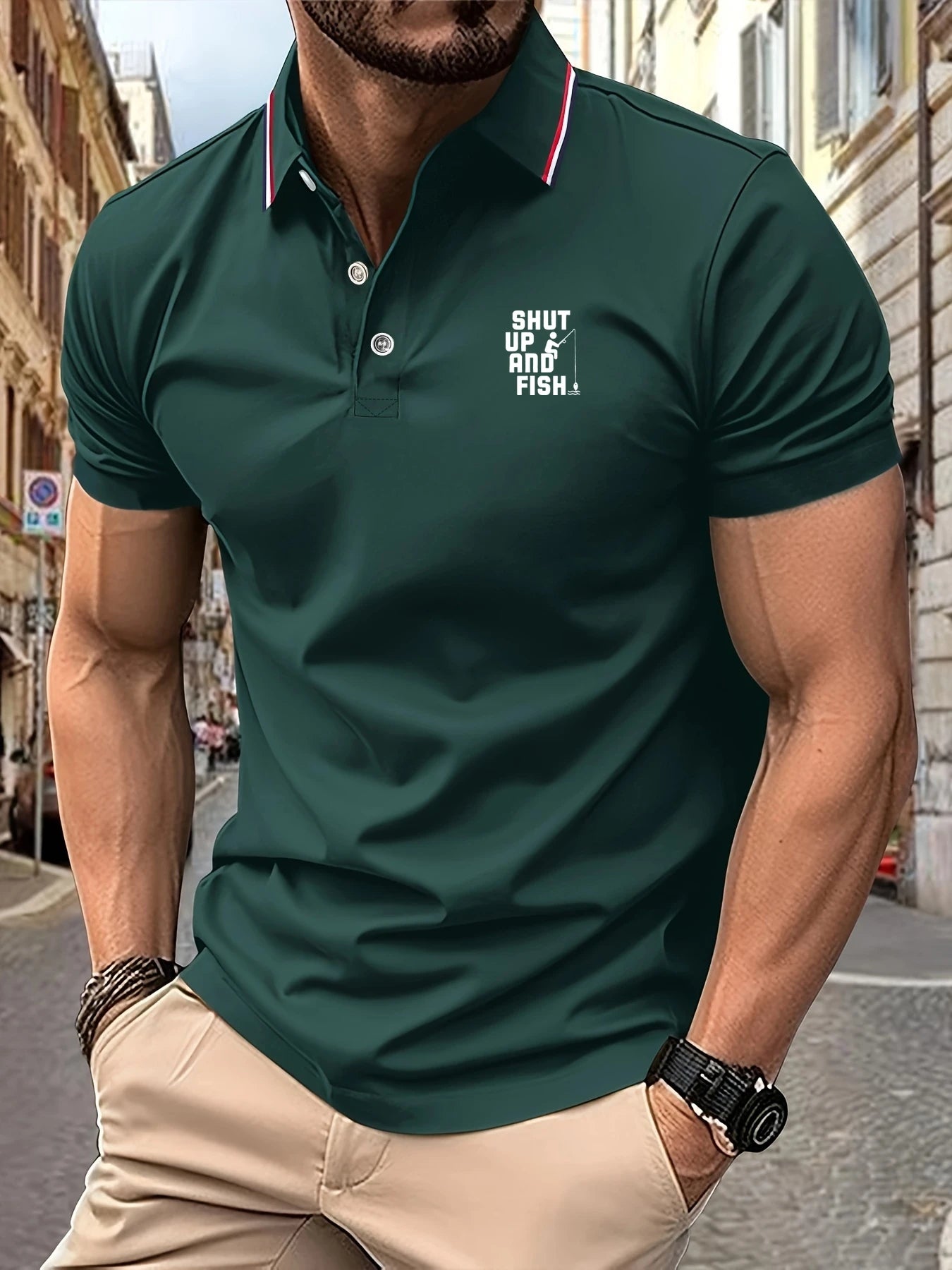 Short Sleeve Polo Tee Fishing Pattern Printing Summer Lapel Stripes Mens Polo Shirts Casual Breathable Light Luxury T-Shirt