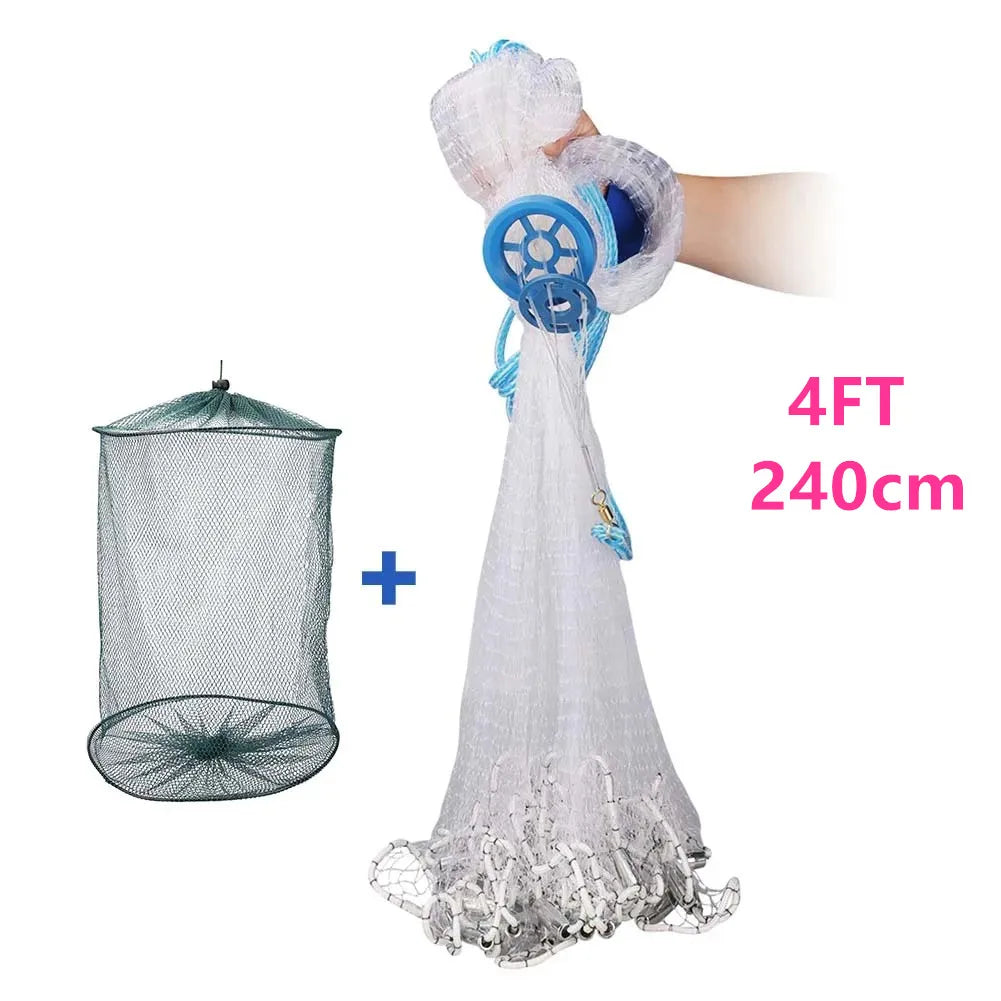 Saltwater Fishing Cast Net for Bait Trap 3ft/4ft/5ft/6ft/7ft/8ft/9ft/10ft Radius with Heavy Duty Real Zinc Sinker Weights