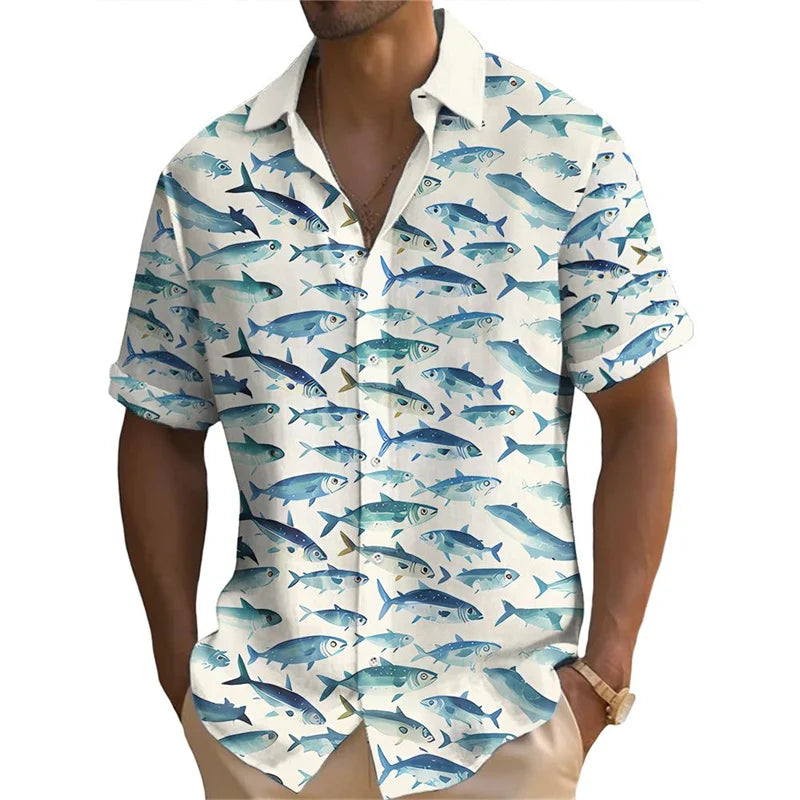 Men's Funny Tuna Print Button-Down Shirt — Loose Fit Summer Top