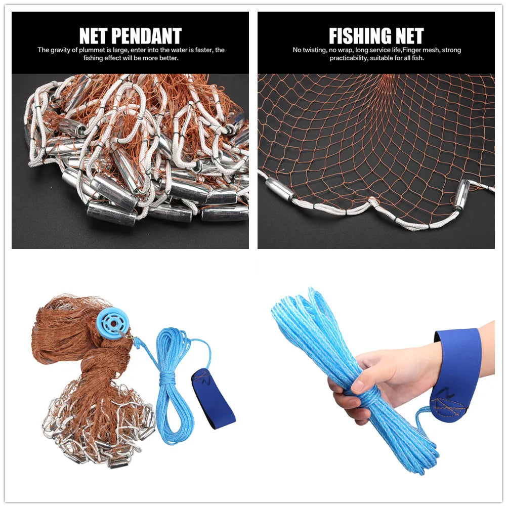 Saltwater Fishing Cast Net for Bait Trap 3ft/4ft/5ft/6ft/7ft/8ft/9ft/10ft Radius with Heavy Duty Real Zinc Sinker Weights