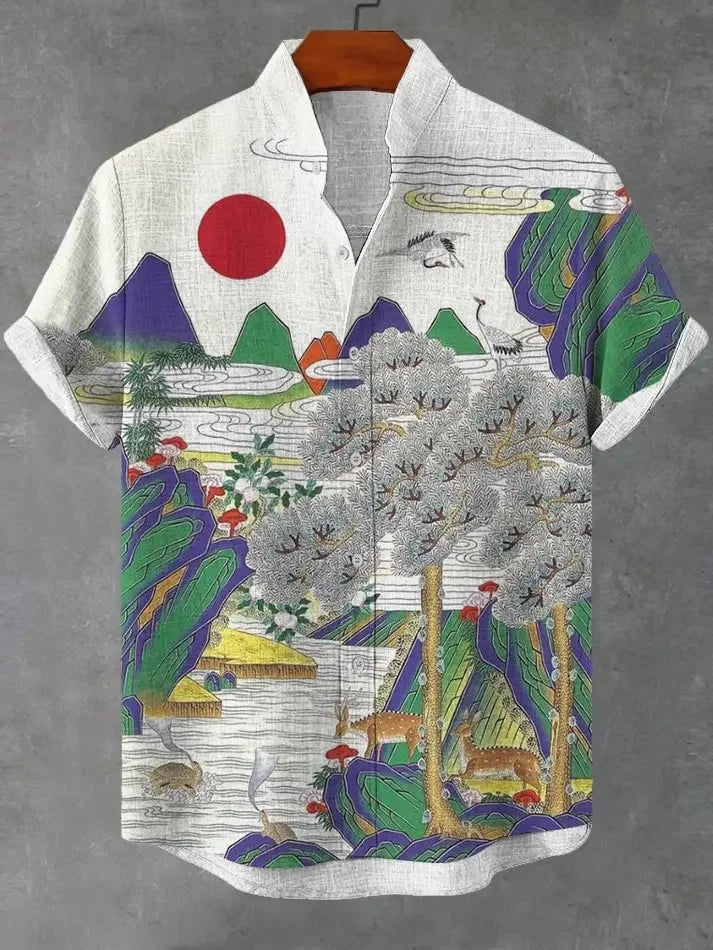 Men's Shirt Vintage Fish Japanese Art Linen Blend Comfortable Casual Breathable Hawaiian Shirt Lapel Short Sleeve Shirt