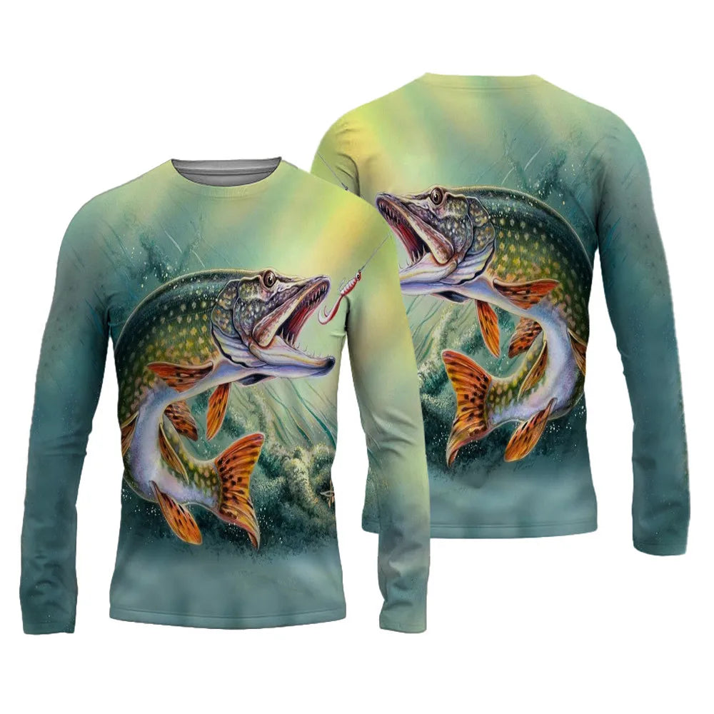 Men's Fishing Shirts 3D Pinting Fishing Apparel Breathable T-Shirt Long Sleeve Summer Outdoor Sports Crewneck Fishing Shirts