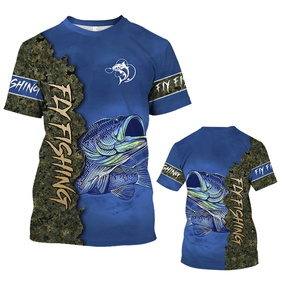 New Fishing T-Shirt Men Tshirt Fish Graphic Clothing O-Collar Oversized Tops Outdoor Sport Apparel Summer for Male Tee Shirts