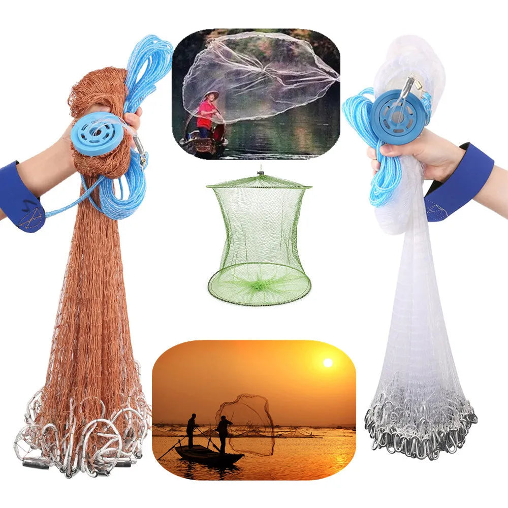 Saltwater Fishing Cast Net for Bait Trap 3ft/4ft/5ft/6ft/7ft/8ft/9ft/10ft Radius with Heavy Duty Real Zinc Sinker Weights