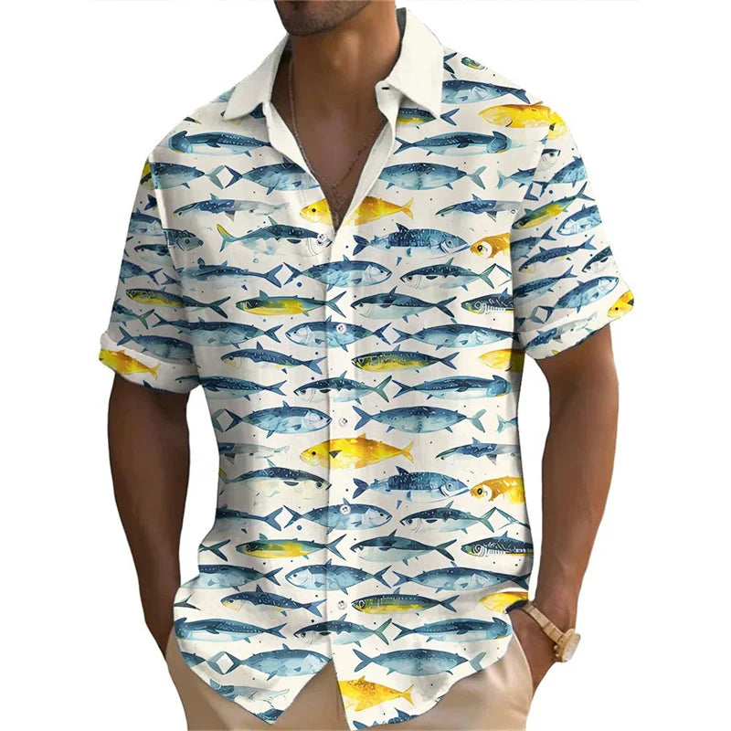 Men's Funny Tuna Print Button-Down Shirt — Loose Fit Summer Top