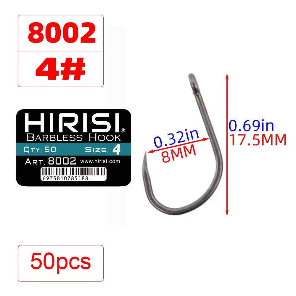 Hirisi 50pcs Barbless Fishing Hooks PTFE Coated High Carbon Steel Hook 8002 Freshwater Fishing Supplies