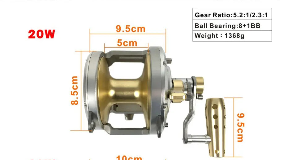 Heavy Duty Saltwater Fishing Trolling Reel Deep Sea 2 Speed Conventional Reel Metal 50W Boat Big Game Reels