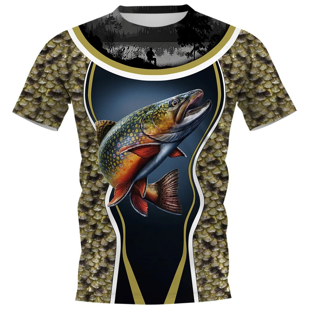 New Fishing T-Shirt Men Tshirt Fish Graphic Clothing O-Collar Oversized Tops Outdoor Sport Apparel Summer for Male Tee Shirts