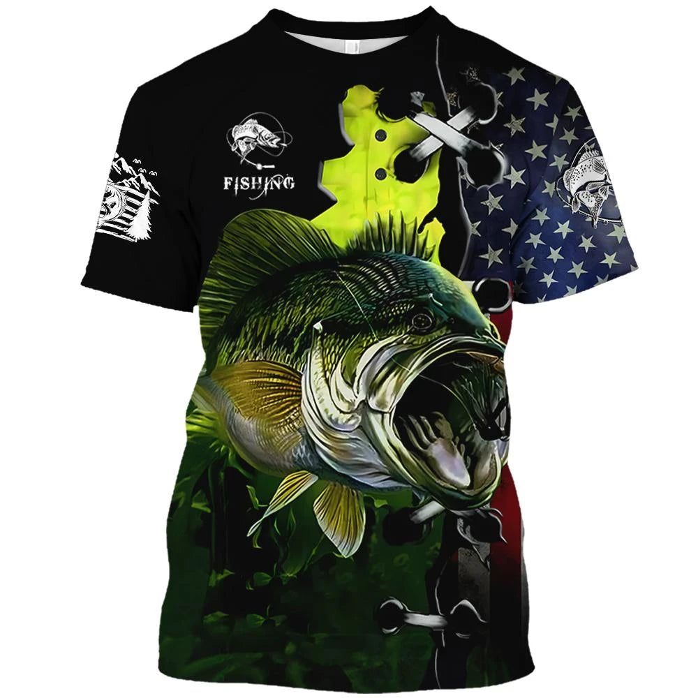 New Fishing T-Shirt Men Tshirt Fish Graphic Clothing O-Collar Oversized Tops Outdoor Sport Apparel Summer for Male Tee Shirts