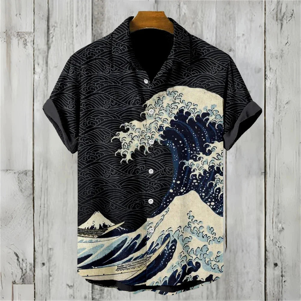 Men's Shirt Vintage Fish Japanese Art Linen Blend Comfortable Casual Breathable Hawaiian Shirt Lapel Short Sleeve Shirt