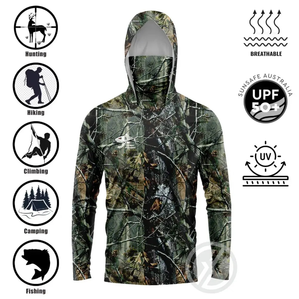 Fishing Hoodie T-shirts Men Long Sleeve Anti-Uv Sun Protection Hoodies Face Mask Apparel Hunting Jungle Camouflage Sea Fishing