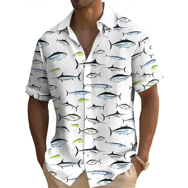 Men's Funny Tuna Print Button-Down Shirt — Loose Fit Summer Top
