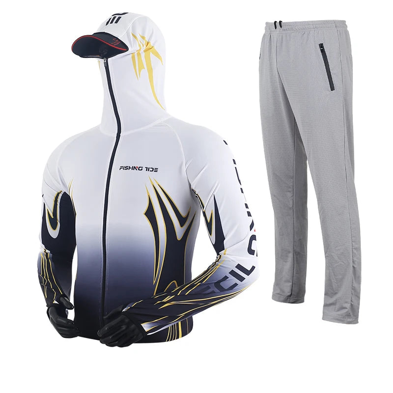 Men's High Quality Fishing Suit Summer Sun Protection Breathable Ice Silk Quick Dry Fishing Hoodie & Pants 2 Piece Set